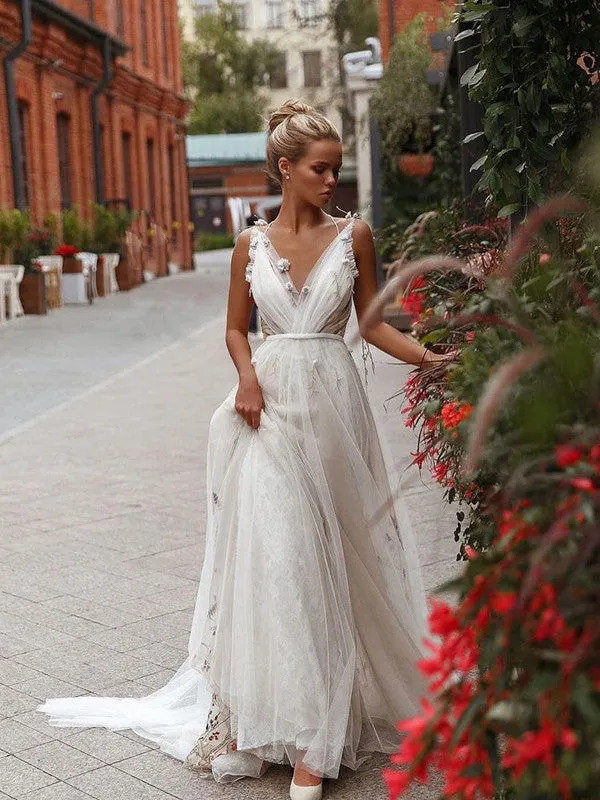 Appliques Elegant A-line Wedding Dresses, Open Back V-neck Fancy Wedding Dresses