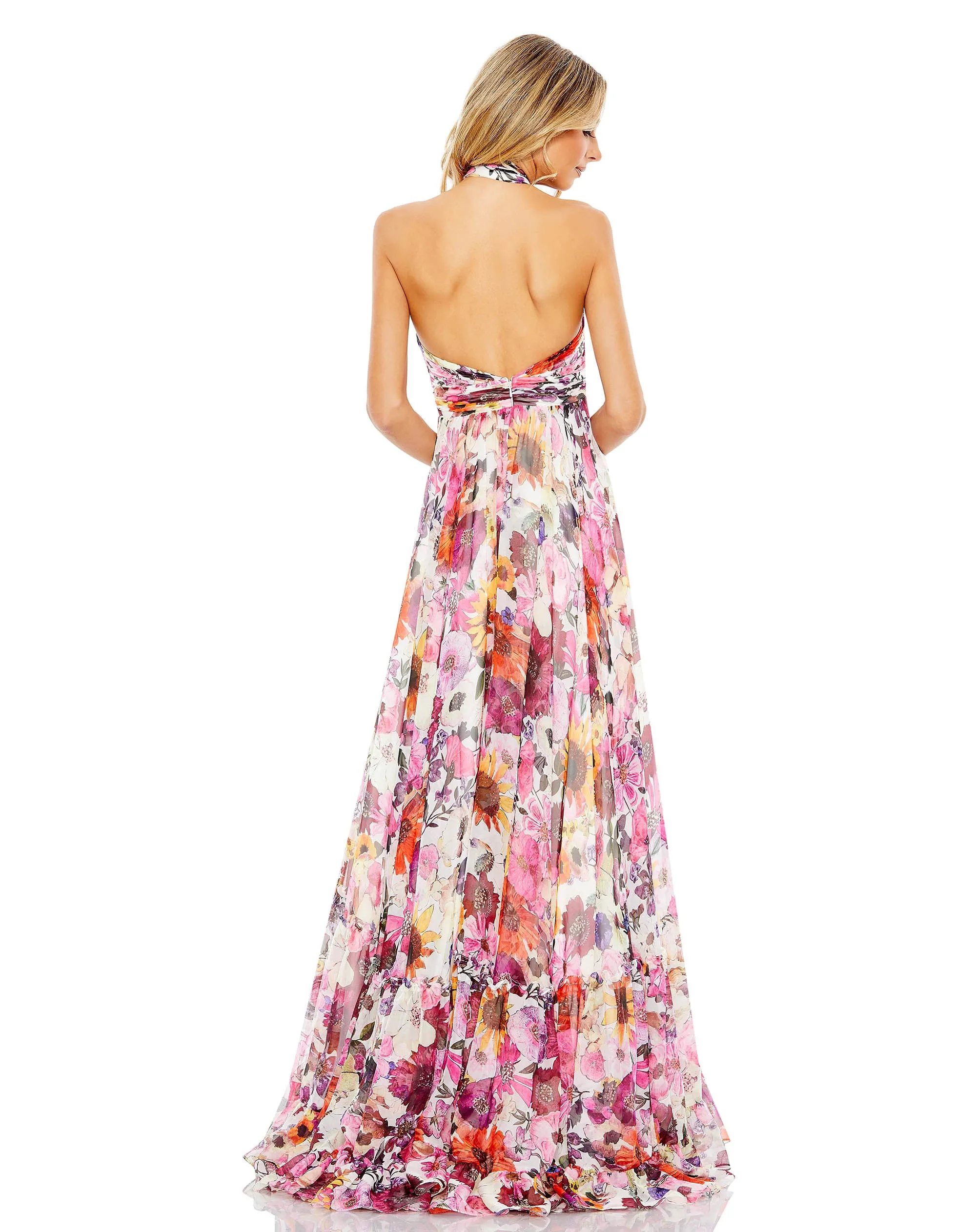 Asymmetrical Ruffled Halter Floral Gown