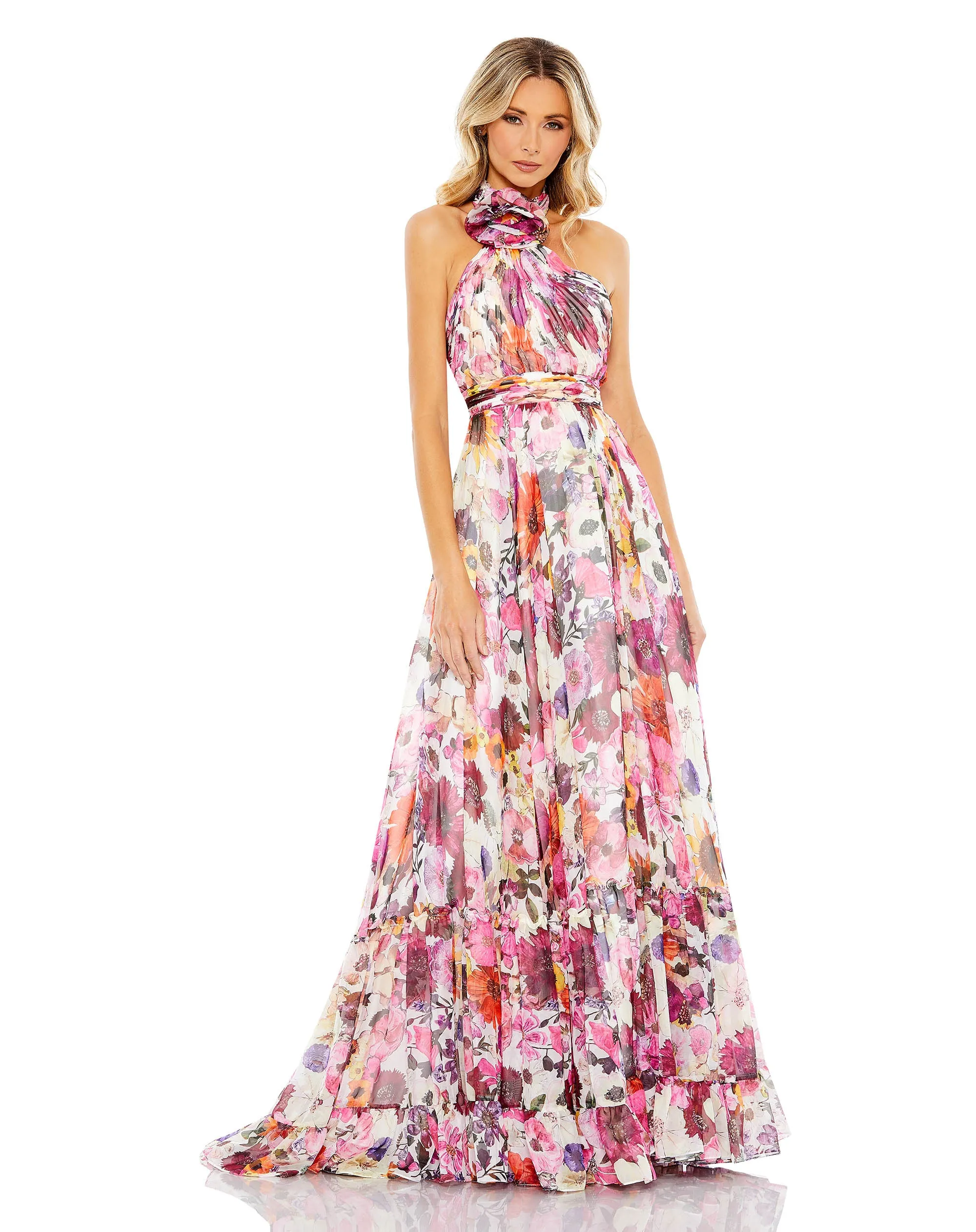 Asymmetrical Ruffled Halter Floral Gown