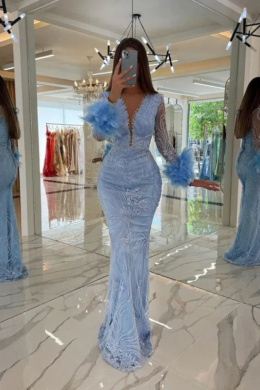 Baby Blue Prom Dress with V Neck Sequins and Feather Appliques