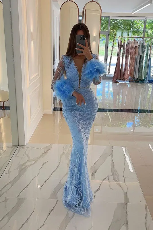 Baby Blue Prom Dress with V Neck Sequins and Feather Appliques