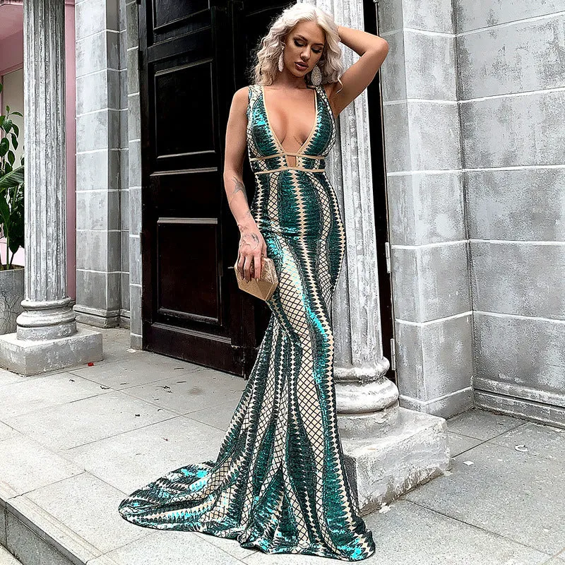 Backless Sequin Deep V Neck Maxi Dresses