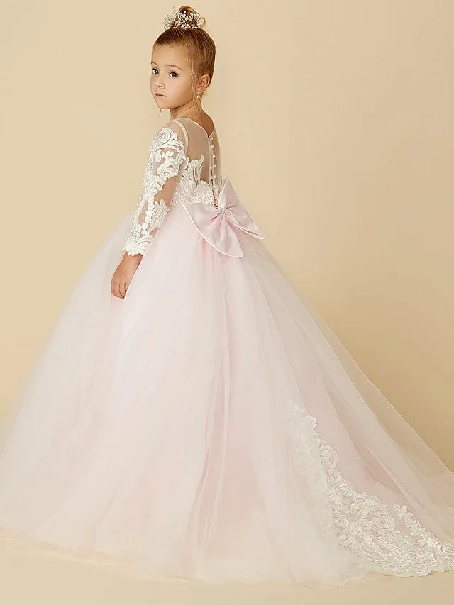 Ball Gown Lace Tulle Wedding Party Pageant Flower Girl Dresses with Sleeves