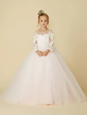 Ball Gown Lace Tulle Wedding Party Pageant Flower Girl Dresses with Sleeves