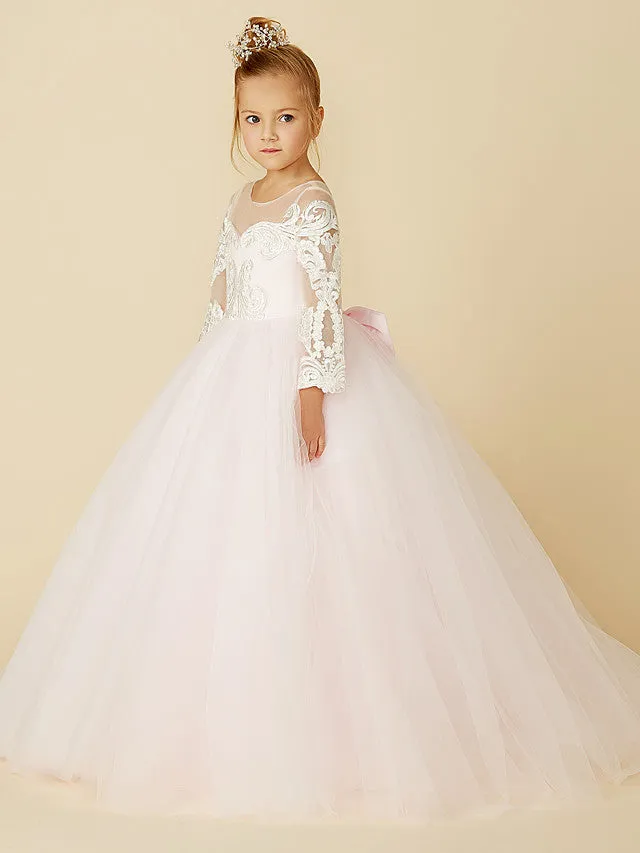 Ball Gown Lace Tulle Wedding Party Pageant Flower Girl Dresses with Sleeves