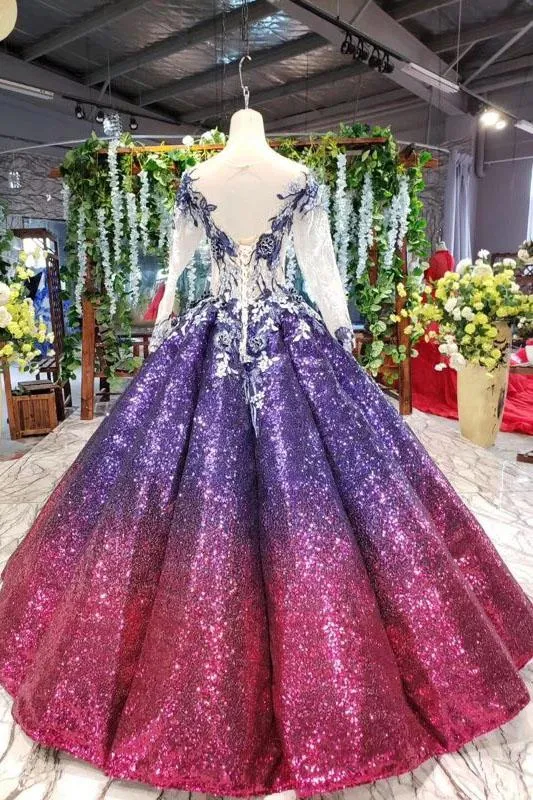 Ball Gown Ombre Sparkly Long Sleeve Sequins Prom Dresses, Quinceanera Dresses STK15066