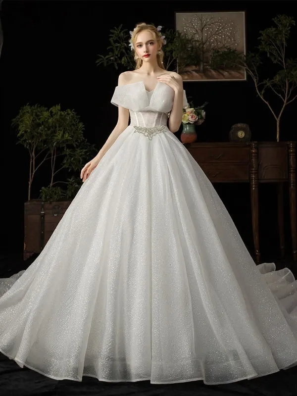 Ball Gown Wedding Dress 2021 Princess Silhouette Cathedral Train Off The-Shoulder Short Sleeves Natural Waist Beaded Sequined Bridal Dresses