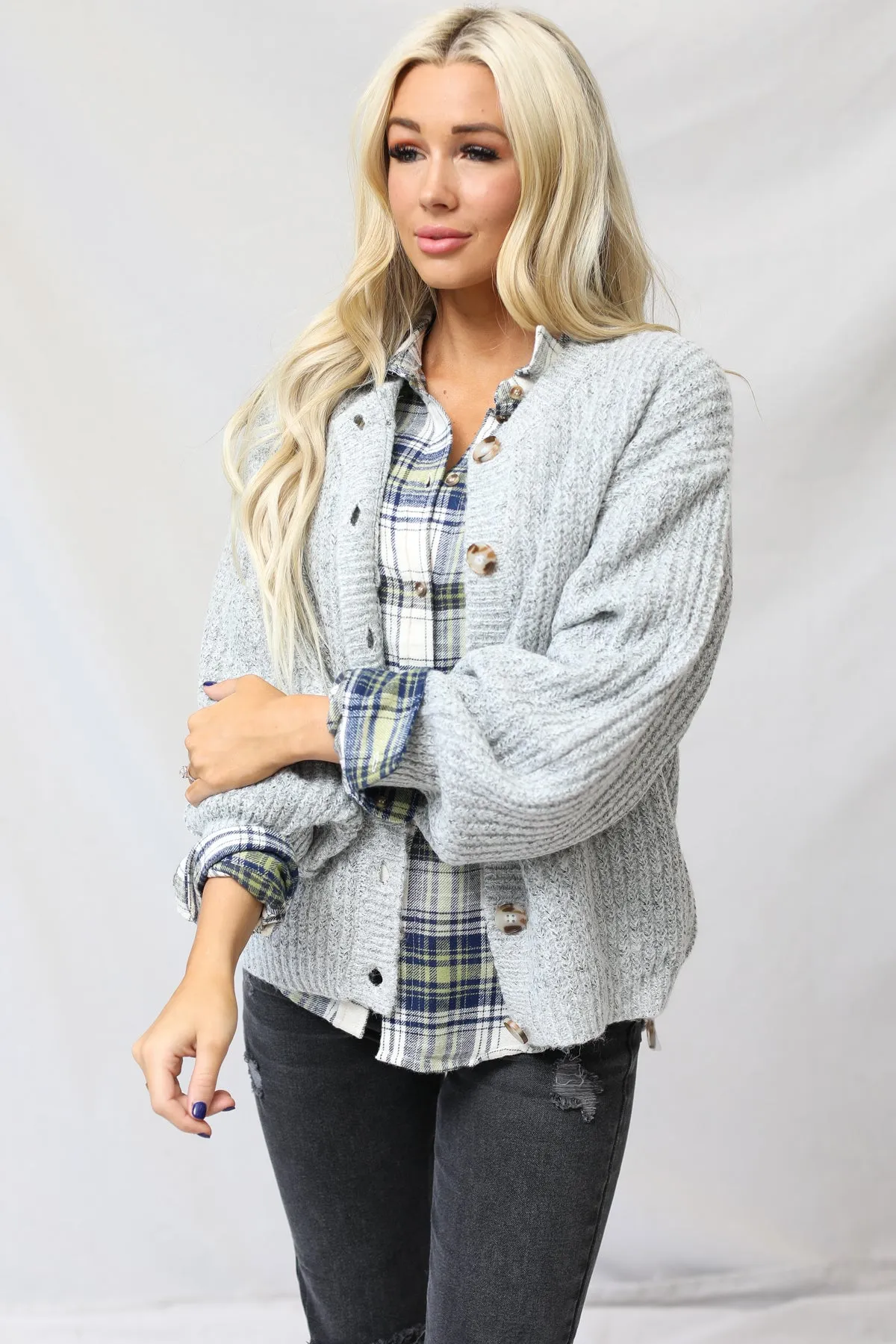 Balloon Sleeve Button Front Cardigan