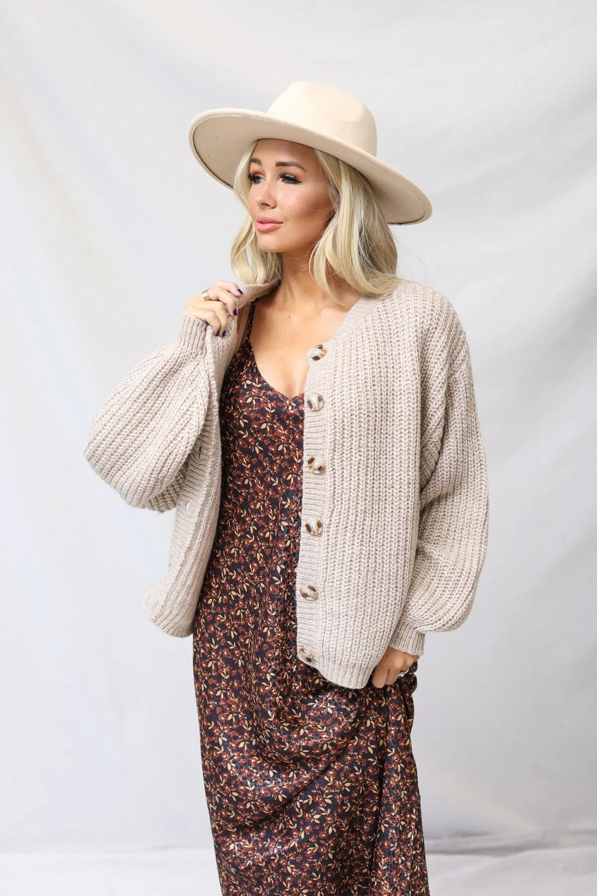 Balloon Sleeve Button Front Cardigan