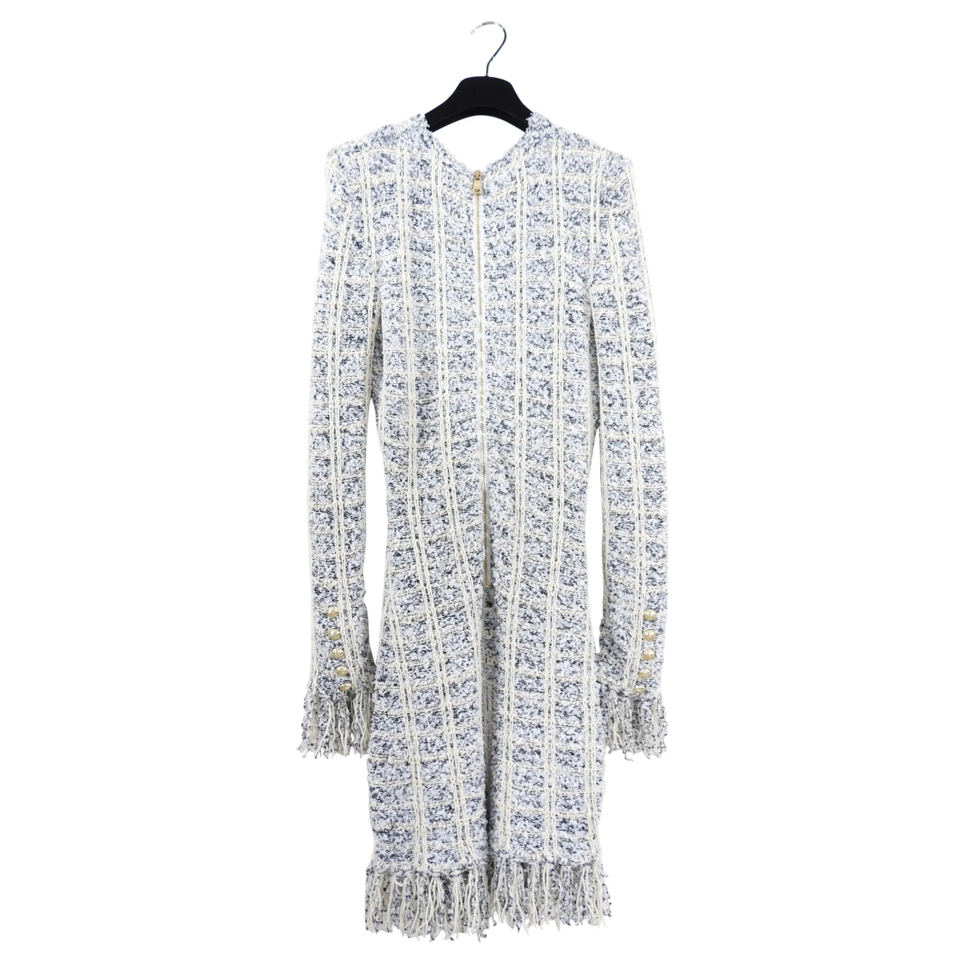 Balmain Ivory White Black Fringe Knit Tweed Dress with Gold Buttons - 6