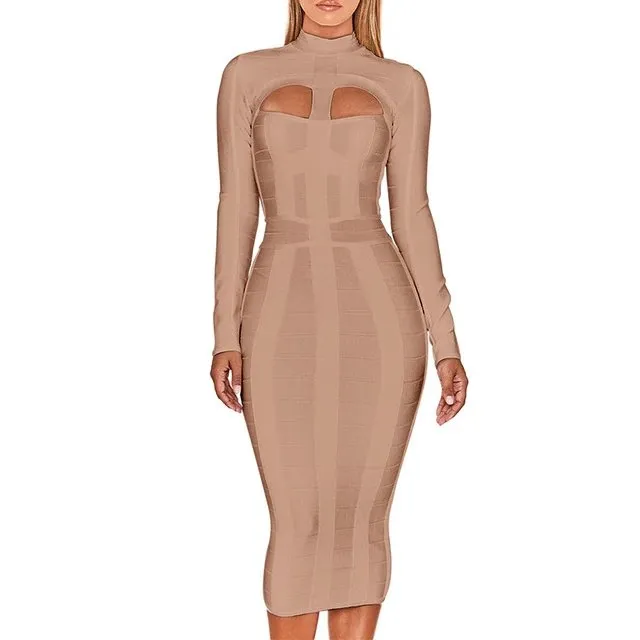 Bandage Bodycon Cut Out High Neck Long Sleeve Rayon Dress