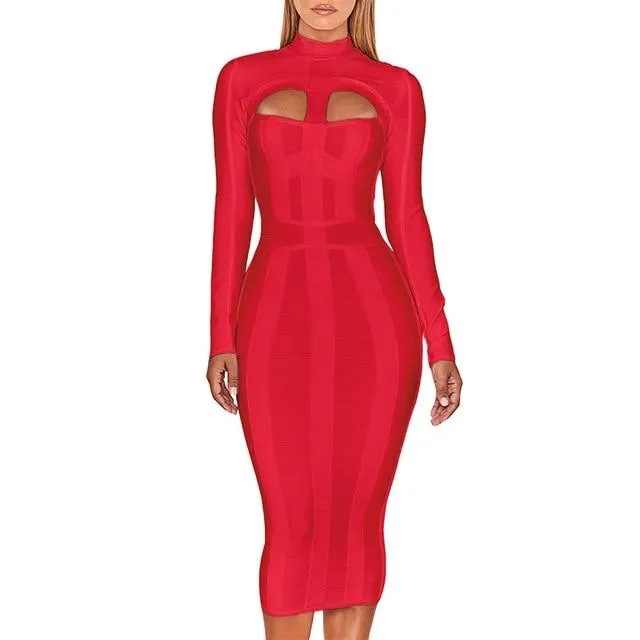 Bandage Bodycon Cut Out High Neck Long Sleeve Rayon Dress