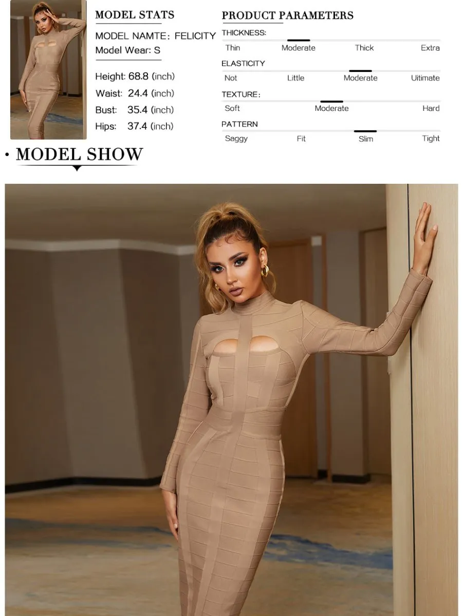 Bandage Bodycon Cut Out High Neck Long Sleeve Rayon Dress