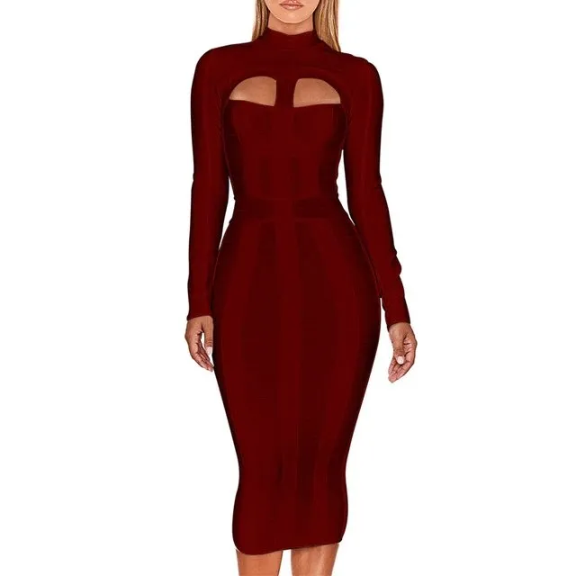 Bandage Bodycon Cut Out High Neck Long Sleeve Rayon Dress