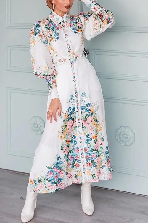 Baroque Floral Print Puff Sleeve Maxi Dress