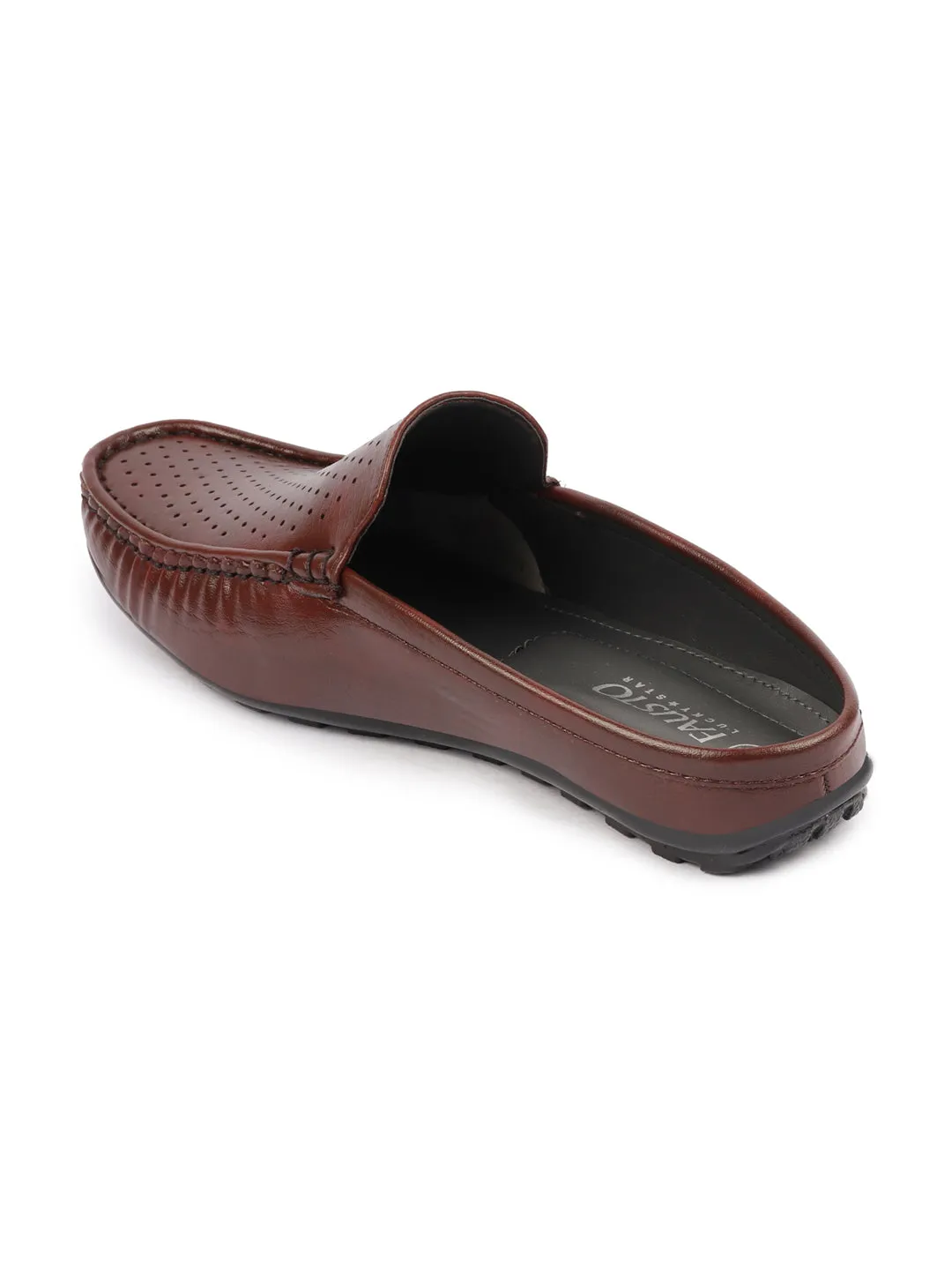 Basics Men Brown Back Open Stitched Design Lightweight Ethnic Evening Wedding Slip On Mules