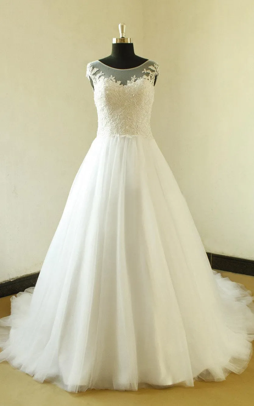 Bateau Neck Cap Sleeve Long A-Line Tulle Wedding Dress With Elegant Beading-ET_711125