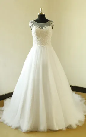 Bateau Neck Cap Sleeve Long A-Line Tulle Wedding Dress With Elegant Beading-ET_711125