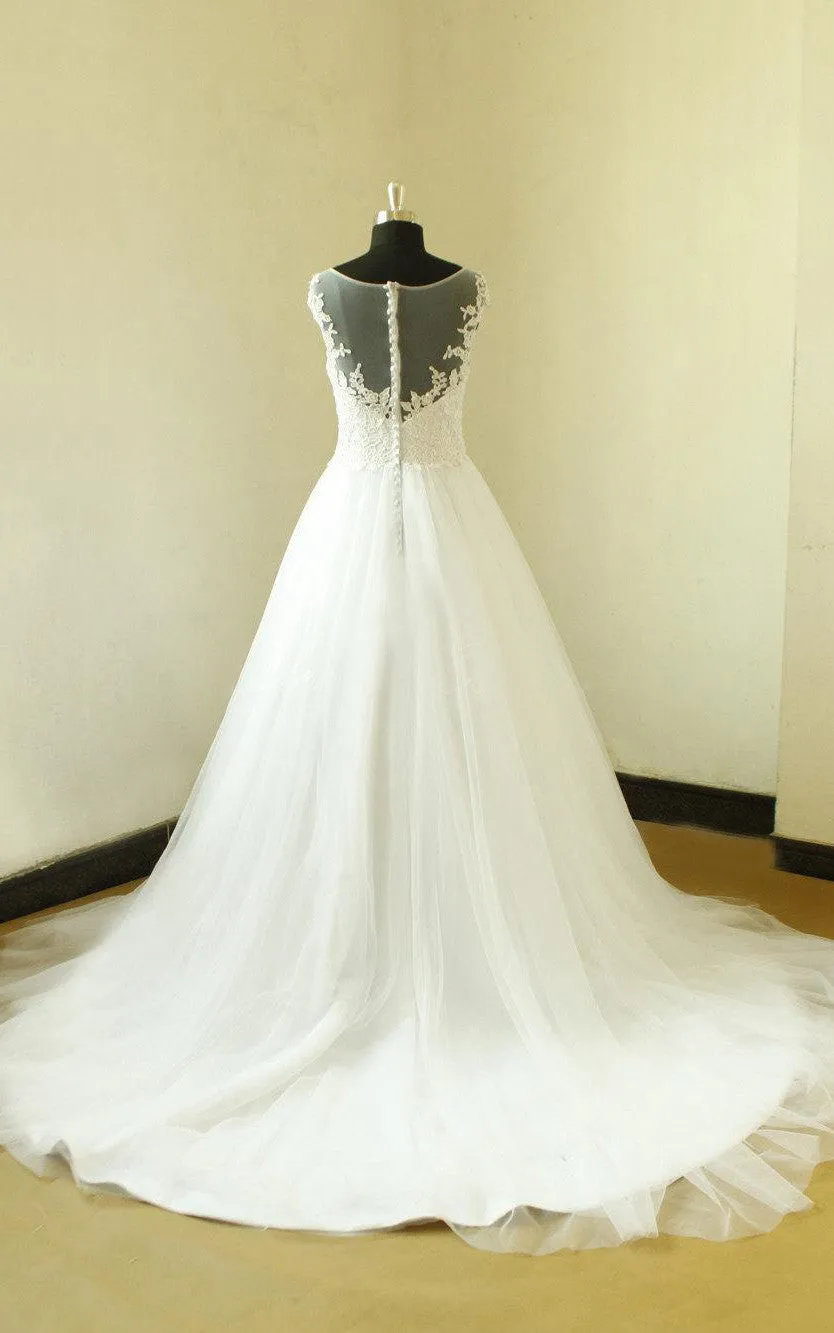 Bateau Neck Cap Sleeve Long A-Line Tulle Wedding Dress With Elegant Beading-ET_711125