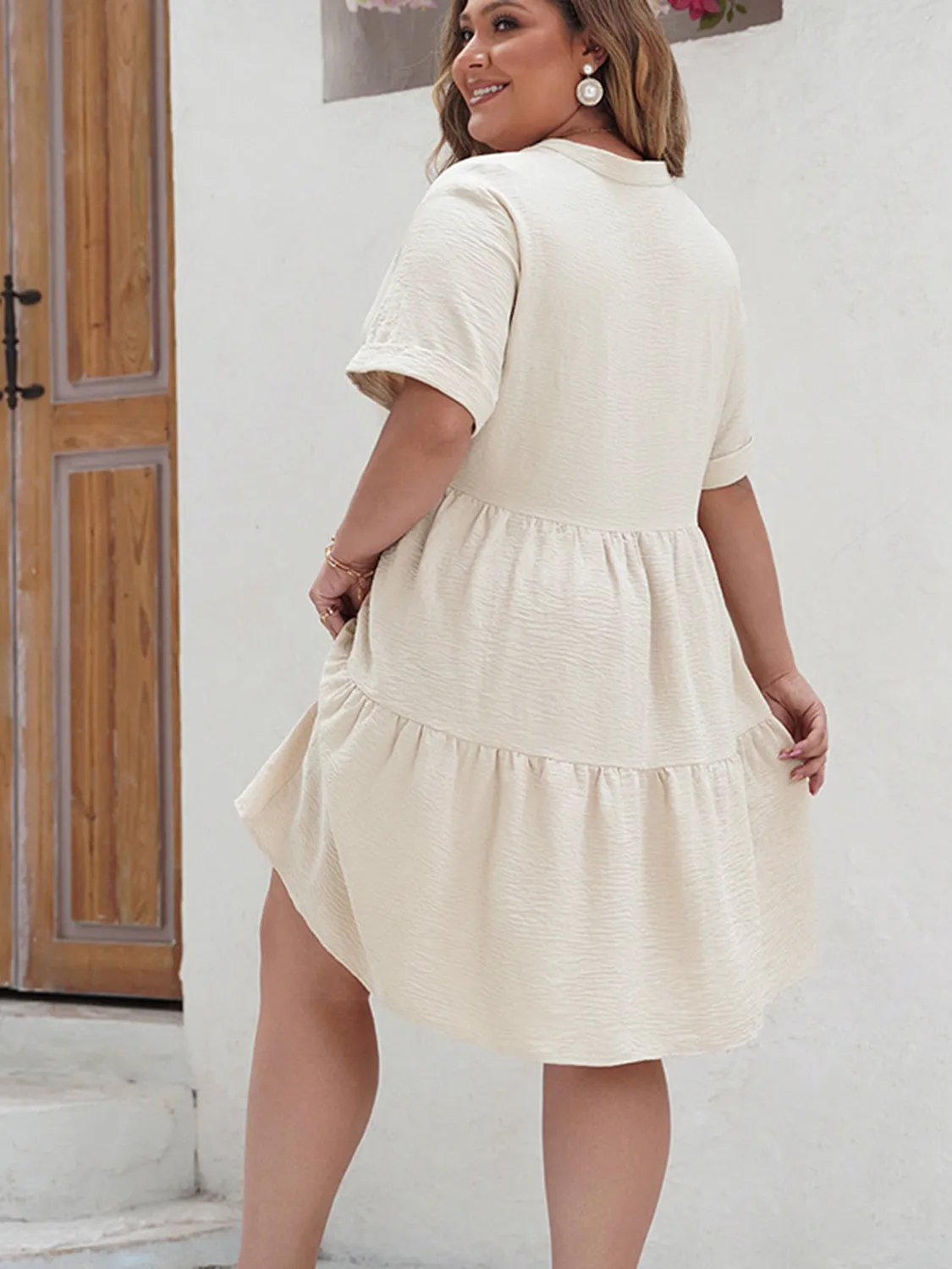 Beach Wedding Guest Dress for Women - Plus Size Lace Accented Notched Short Sleeve Gown