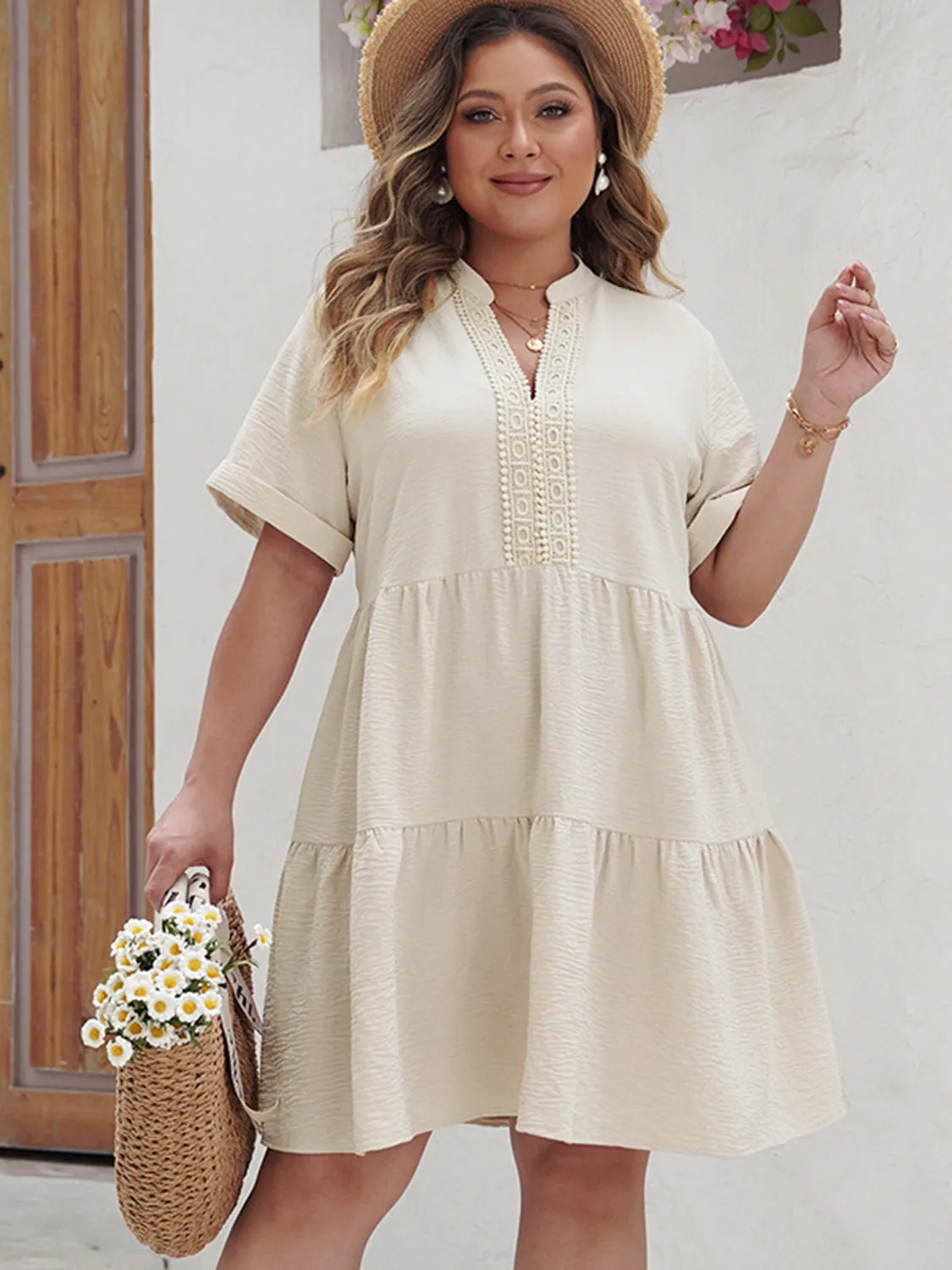 Beach Wedding Guest Dress for Women - Plus Size Lace Accented Notched Short Sleeve Gown