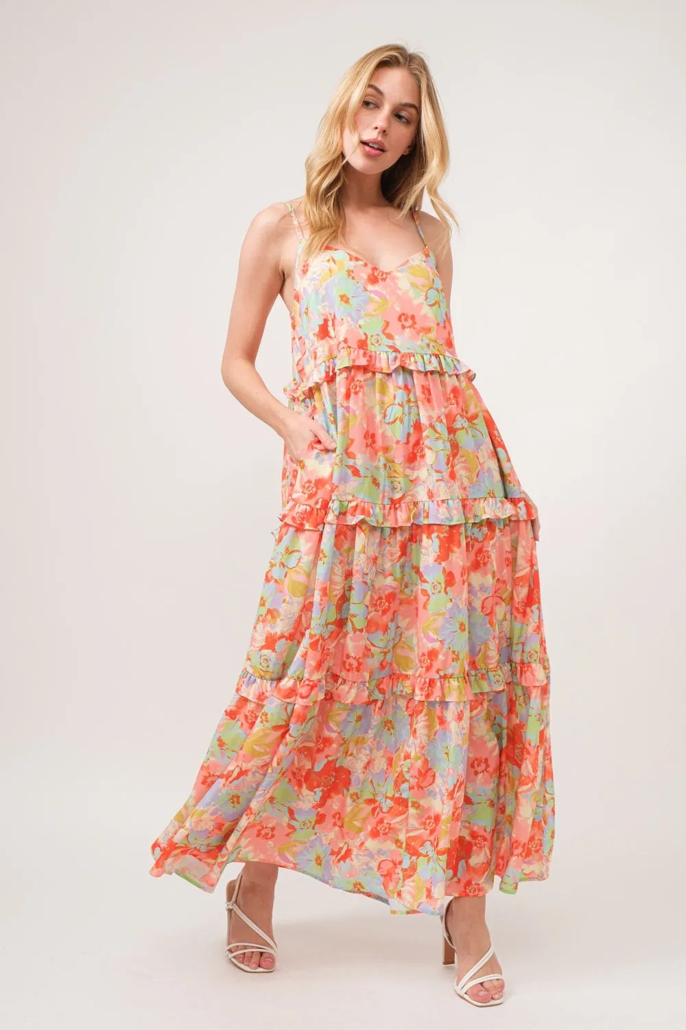 Beach Wedding Guest Tiered Maxi Dress with Floral Ruffles