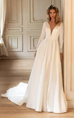 Beautiful A Line Satin Bridal Gown with Ruching and Train-716144