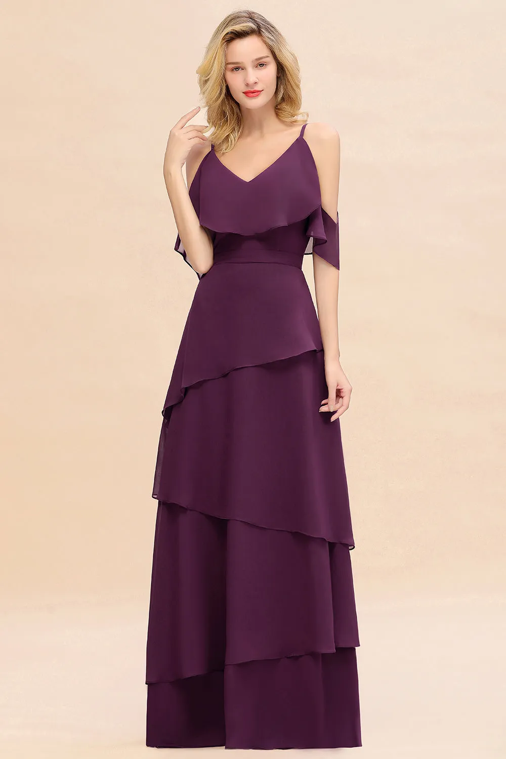 Beautiful Long A-line V-neck Cascading Ruffles Bridesmaid Dress with Sleeves