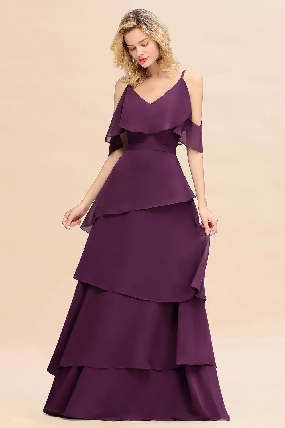 Beautiful Long A-line V-neck Cascading Ruffles Bridesmaid Dress with Sleeves