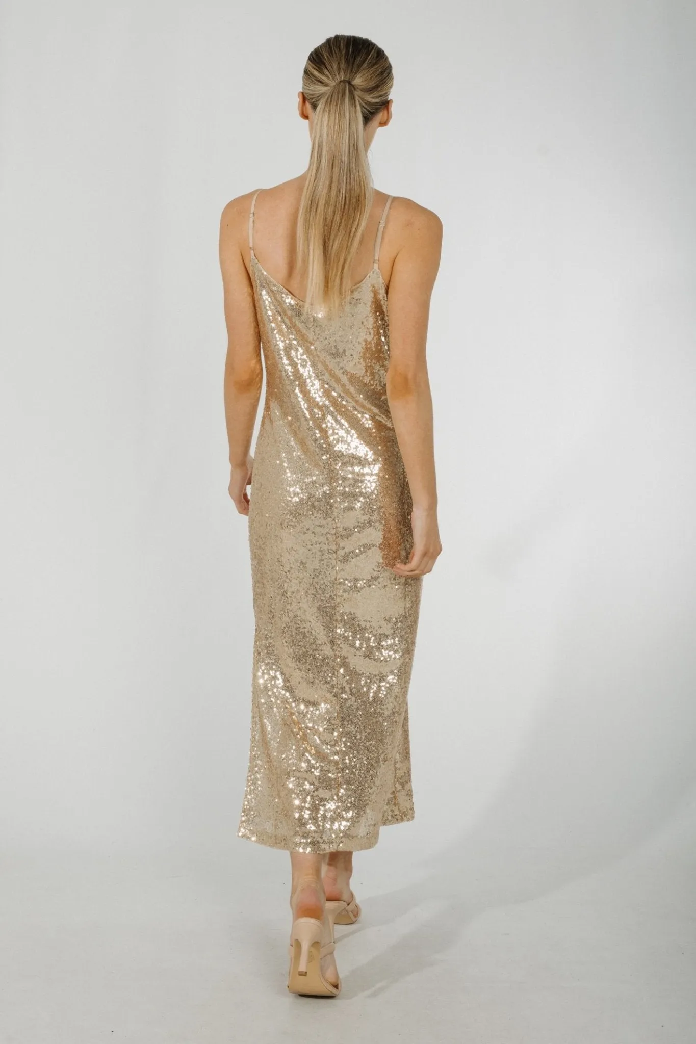 Becca Sequin Midi Dress In Gold