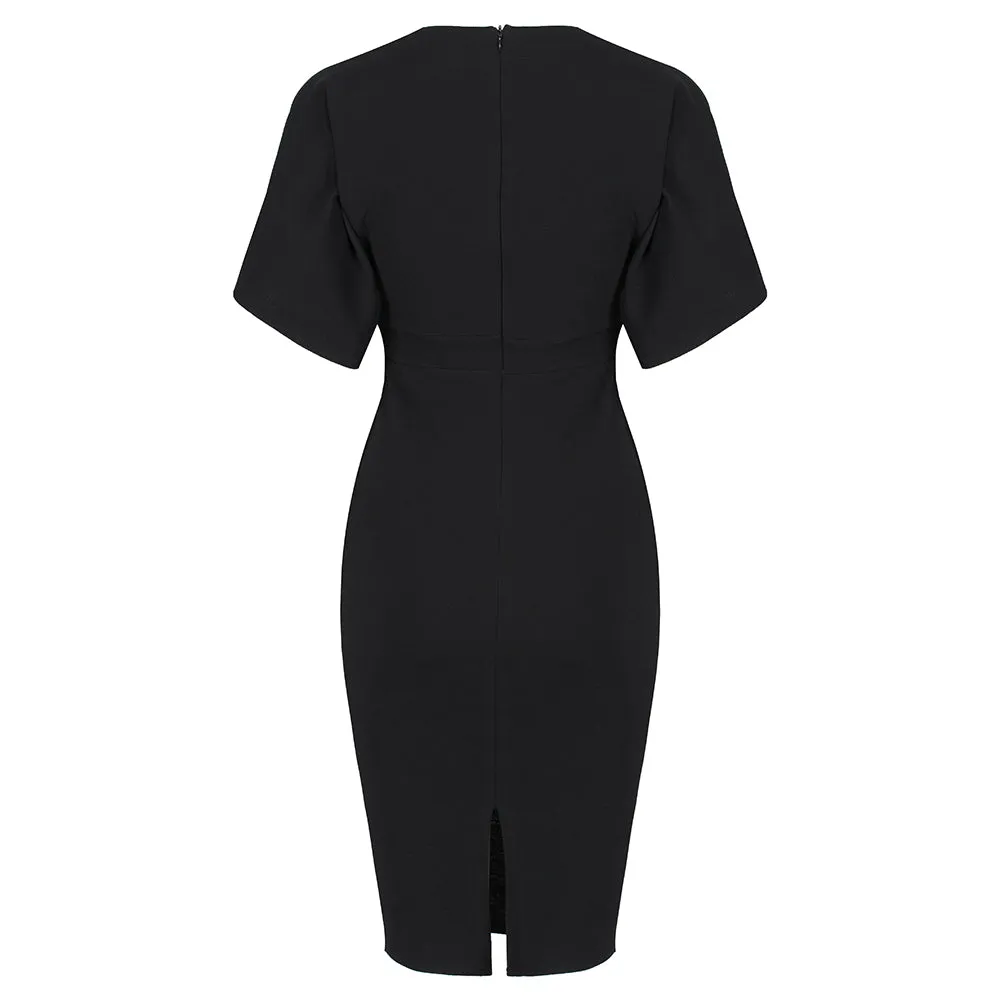 Black 1/2 Sleeve 40s Pin-up Wrap Pencil Wiggle Dress