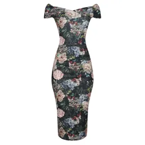 Black Floral Print Cap Sleeve Crossover Top Bardot Pencil Dress