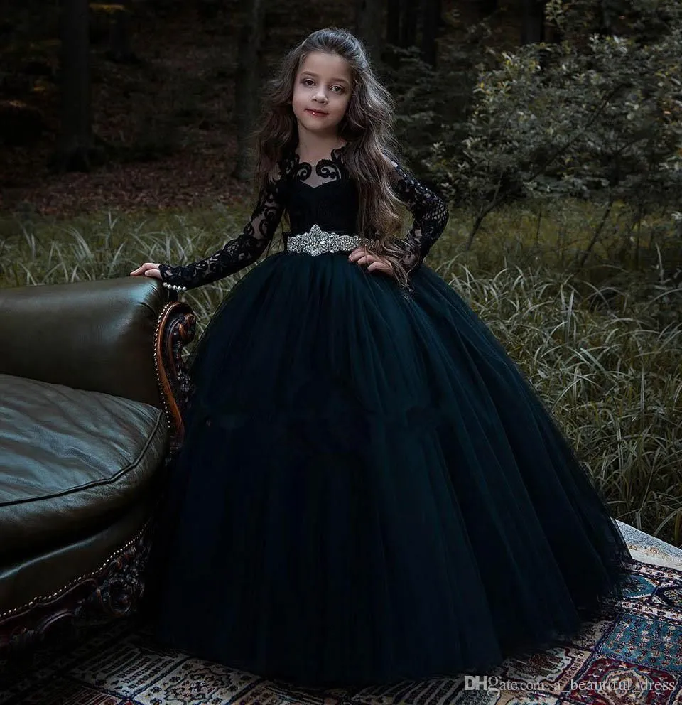 Black Long Sleeve Appliques Lace Pearl Bateau Tulle Princess Flower Girl Dress