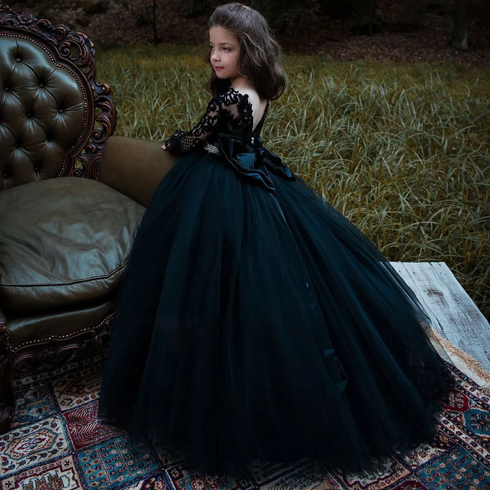 Black Long Sleeve Appliques Lace Pearl Bateau Tulle Princess Flower Girl Dress