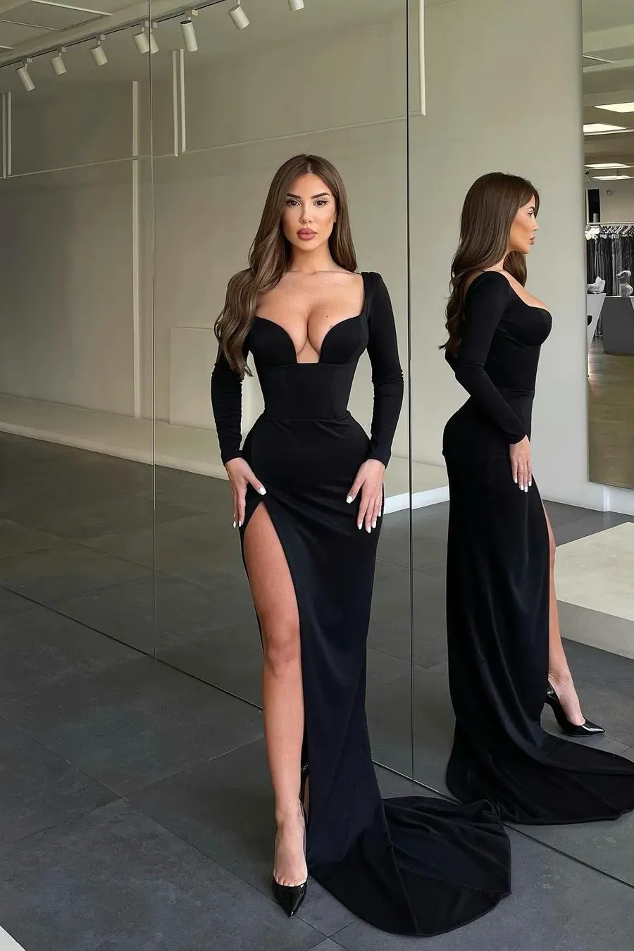 Black Long Sleeves Evening Party Dresses, High Side Slit Prom Dresses, 2023 Newest Mermaid Prom Dresses