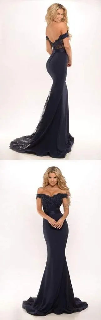 Black Off Shoulder Lace Mermaid Long Prom Dresses