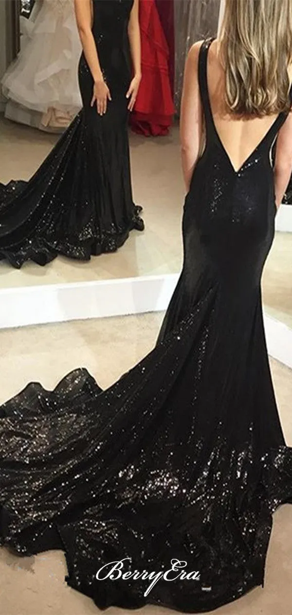 Black Sequins Newest Long Evening Party Prom Dresses, Formal Prom Dresses