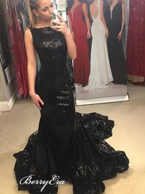 Black Sequins Newest Long Evening Party Prom Dresses, Formal Prom Dresses