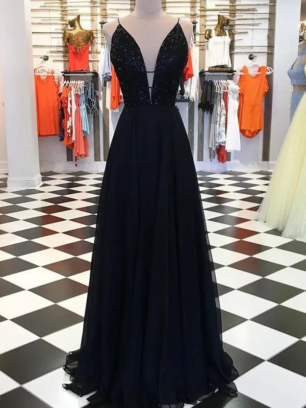 Black V-neck Tulle Beaded Long A-line Prom Dresses