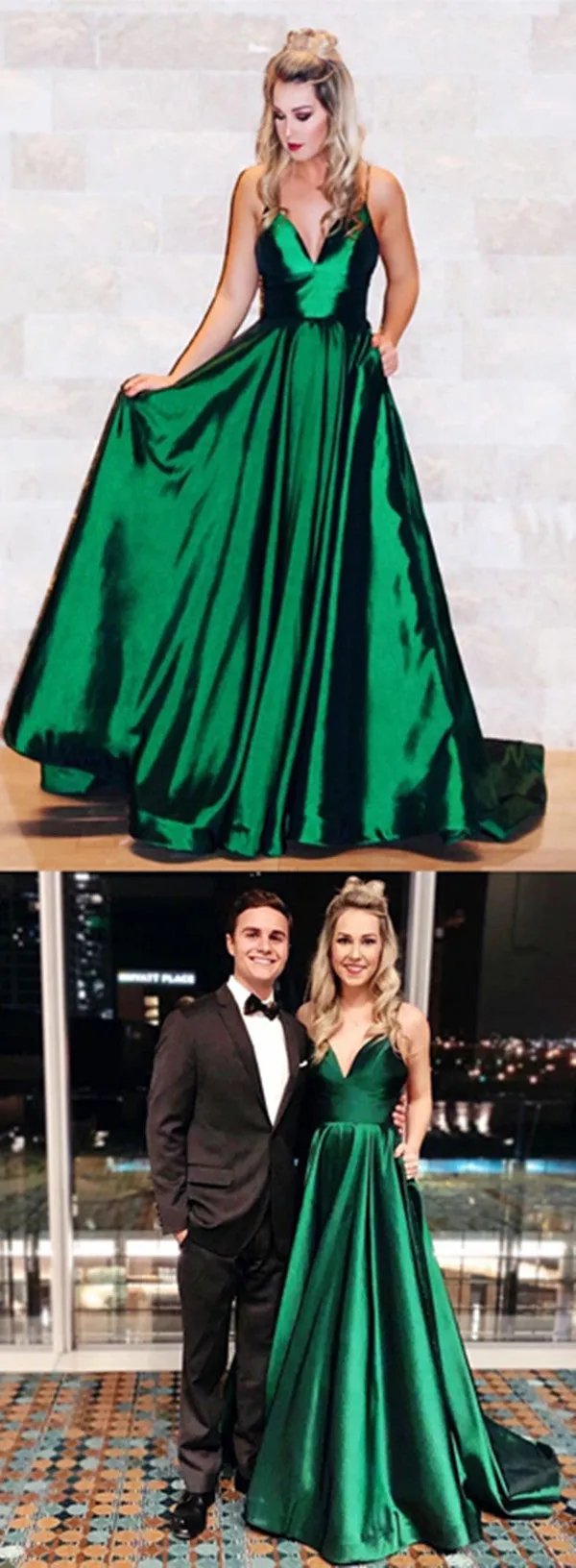 Blackish Green Satin Long Prom Dress, Prom Dress A Line