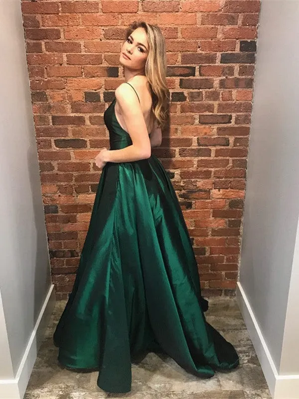 Blackish Green Satin Long Prom Dress, Prom Dress A Line