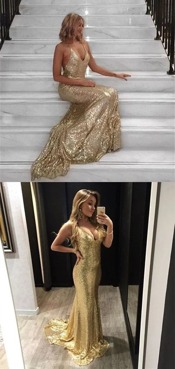 Bling Bling Mermaid Sequin Long Golden Prom Dresses