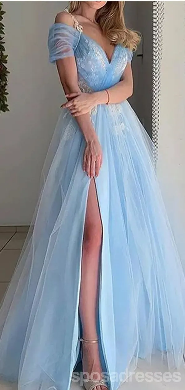 Blue A-line Off Shoulder High Slit Long Prom Dresses,Evening Dresses,13093