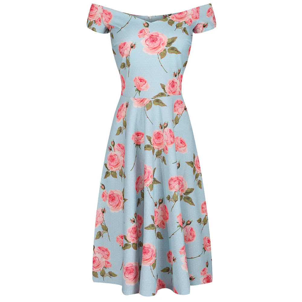 Blue and Pink Floral Cap Sleeve V Neck Swing Dress