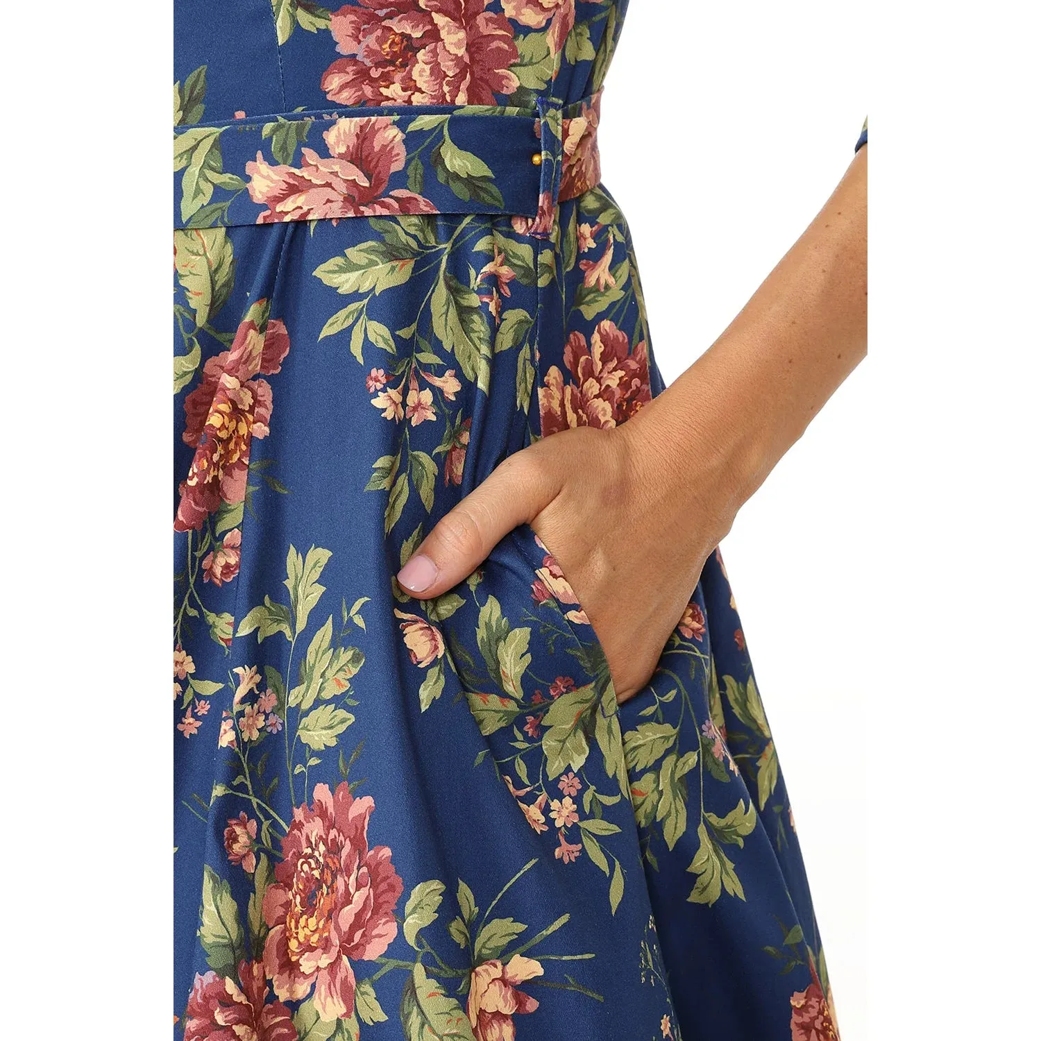 Blue Floral Print 50 Swing Tea Dress w/ Sweetheart Neckline & Pockets