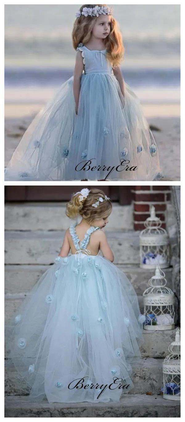 Blue Tulle A-line Little Girl Dresses, Appliques Flower Girl Dresses