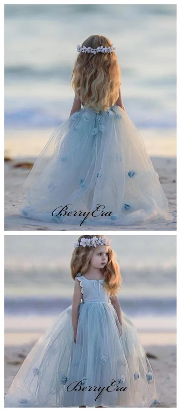 Blue Tulle A-line Little Girl Dresses, Appliques Flower Girl Dresses