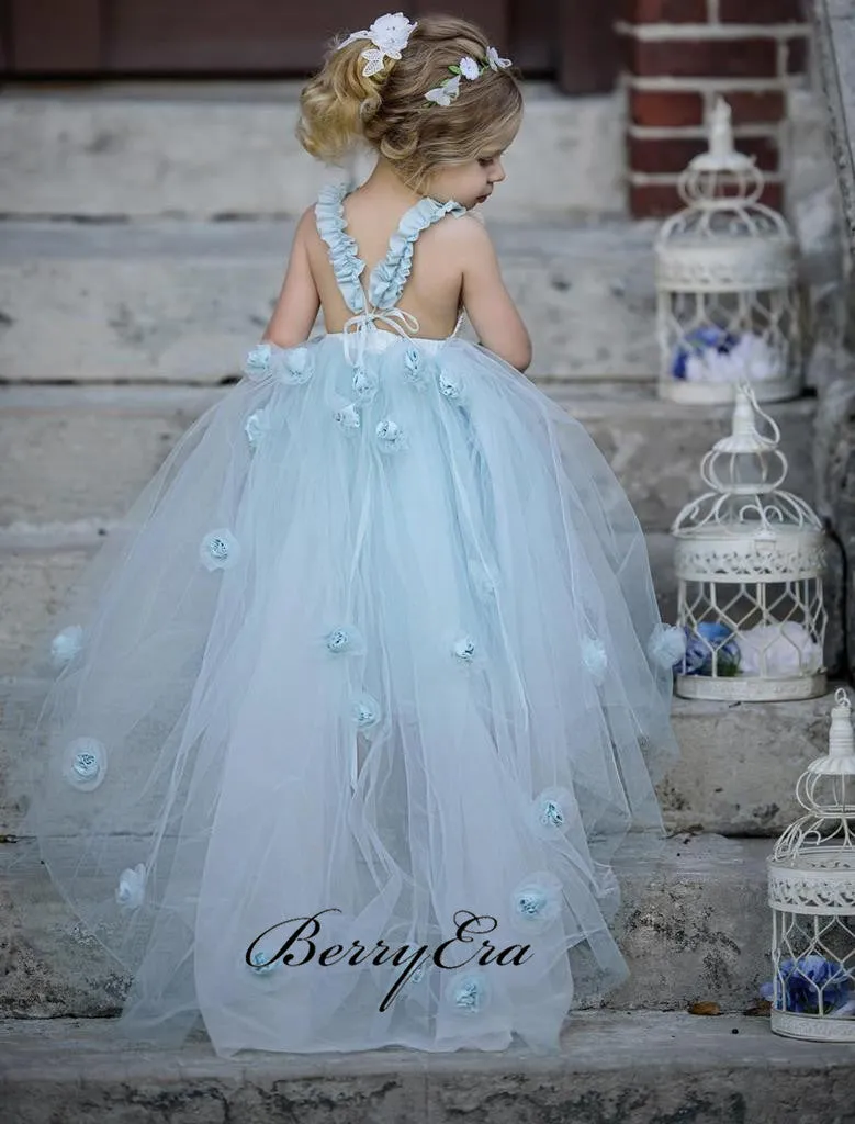 Blue Tulle A-line Little Girl Dresses, Appliques Flower Girl Dresses