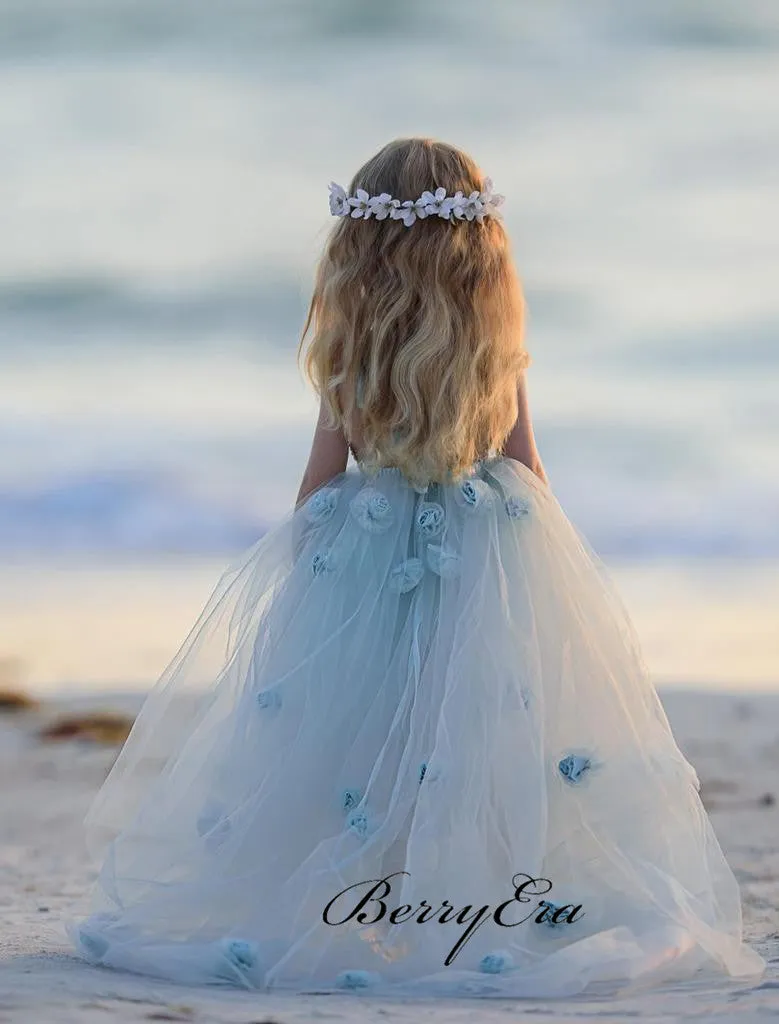 Blue Tulle A-line Little Girl Dresses, Appliques Flower Girl Dresses