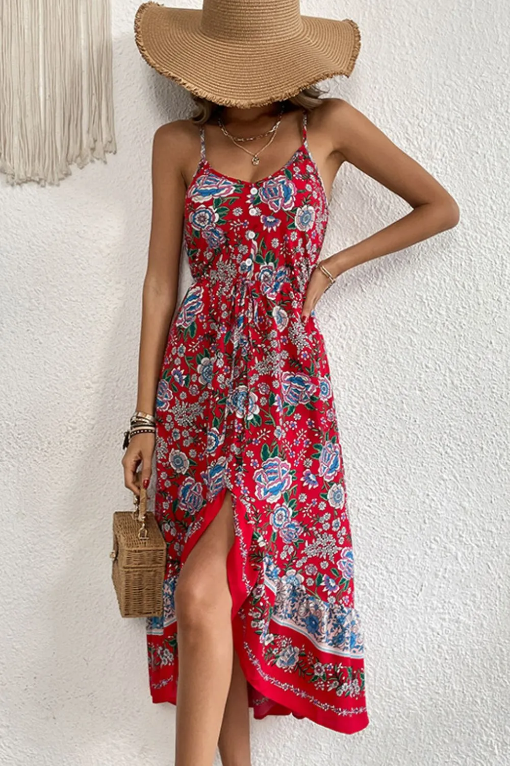 Bohemian Spaghetti Strap Dress with Decorative Buttons - Perfect Summer Beach Wedding Guest Dress for Women